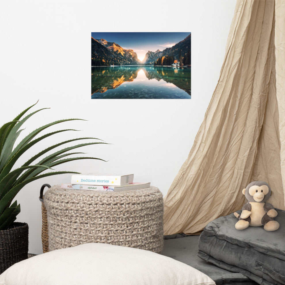 Sunrise Misty Mountain Lake Lively Color Landscape Photo Loose Wall Art Print, 12" X 18"