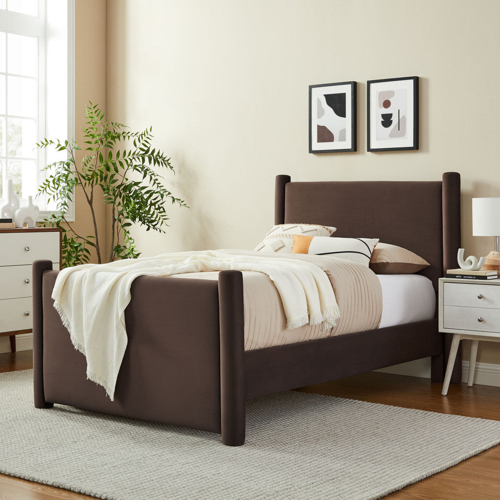 Rael Performance Velvet Twin Platform Bed, Chocolate Brown