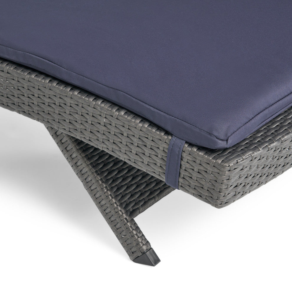 GDF Studio Nassau Outdoor Gray Wicker Chaise Lounge, Navy Blue Cushion
