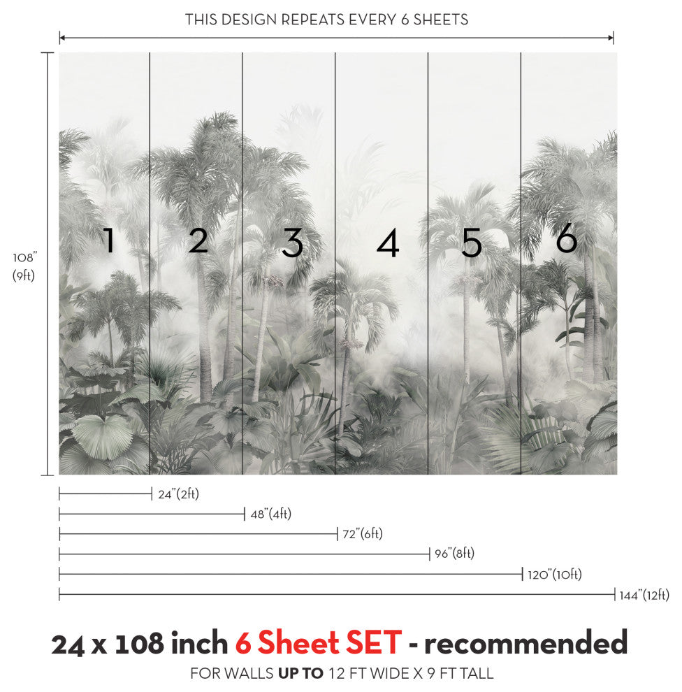 Misty Jungle Forest Vinyl Peel and Stick Mural, 24"x108", 6 Pack