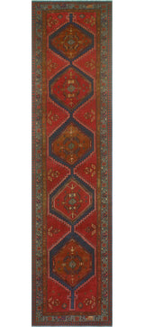Fine Vintage Distressed Etel Red/Navy Runner, 3'8 x 14'10