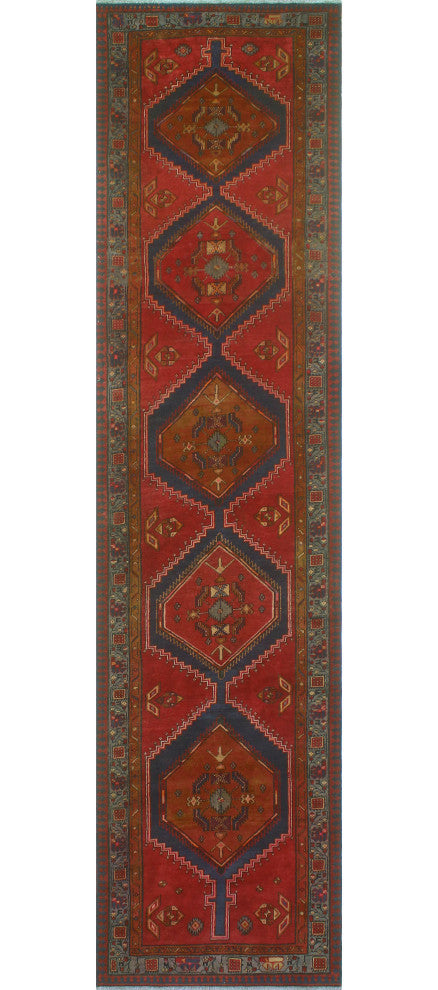 Fine Vintage Distressed Etel Red/Navy Runner, 3'8 x 14'10