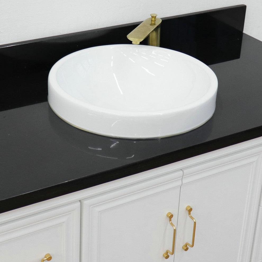 49" Single Sink Vanity, White Finish With Black Galaxy Granite and Round Sink