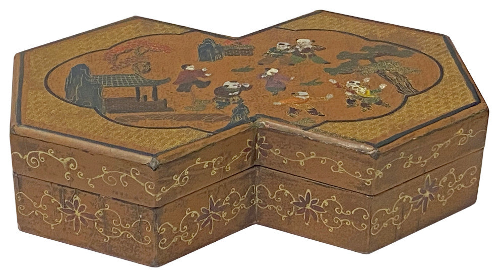 Chinese Distressed Brown People Graphic Rectangular Decagon Shape Box Hws2348
