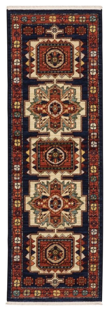 12' Blue Red Machine Woven Medallions Indoor Runner Rug