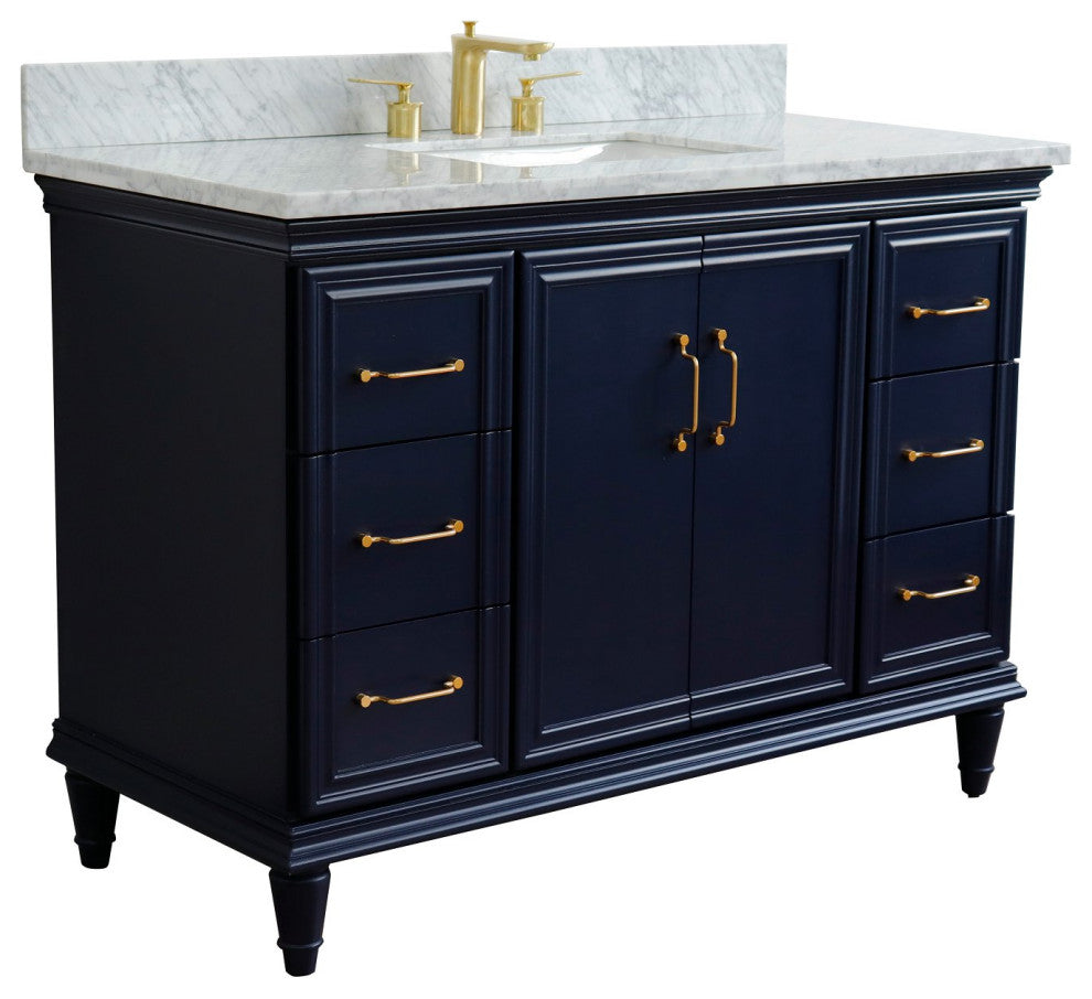 49" Single Sink Vanity, Blue Finish With White Carrara Marble