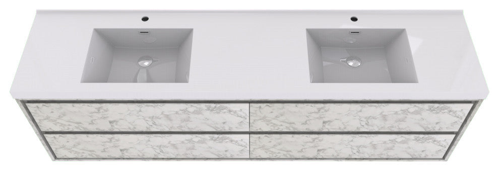 MOM 72" Wall Mounted Vanity With 4 Drawers and Acrylic Double Sink, Marble