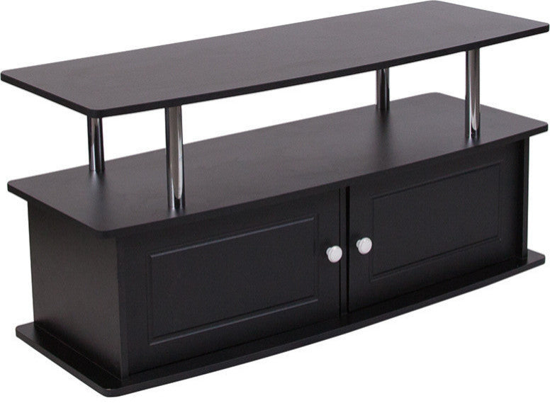 Evanston Black TV Stand With Shelves, Cabinet and Stainless Steel Tubing