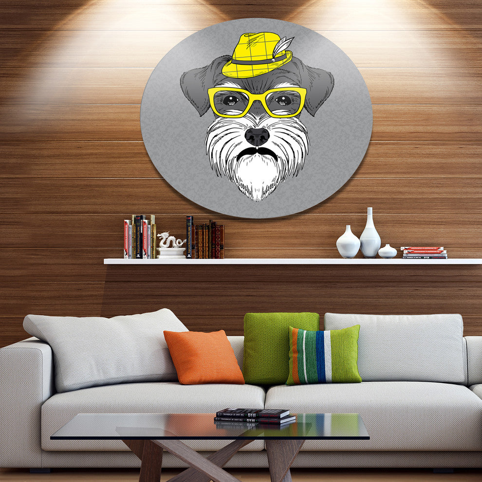 Schnauzer With Hat And Glasses, Animal Art Disc Metal Artwork, 36"