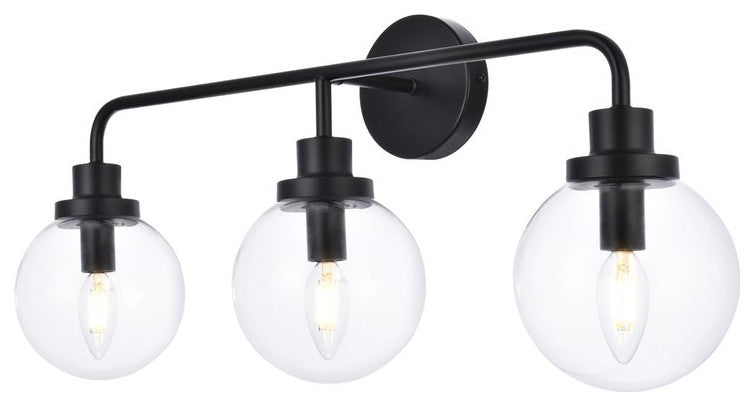 Helen 3-Light Bath Sconce, Black With Clear Shade