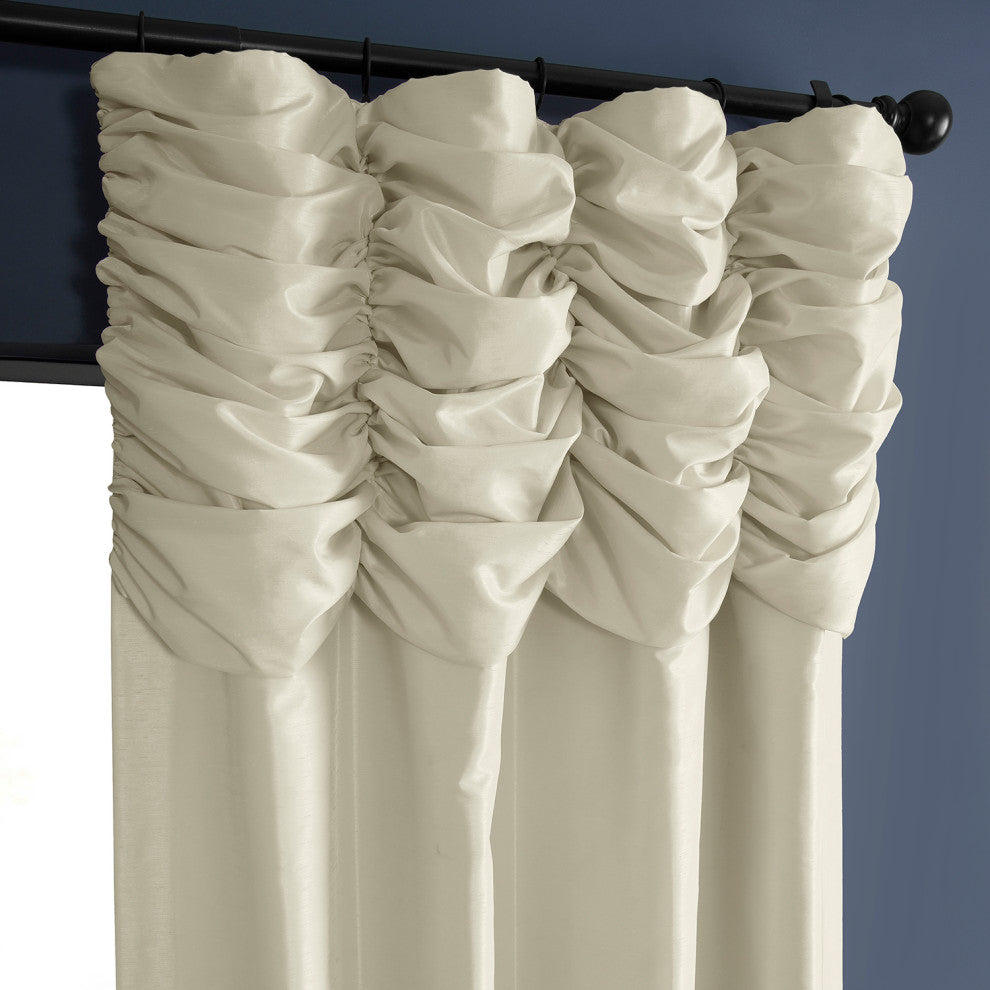 Ruched Vintage Faux Dupioni Silk Curtain Single Panel, Off White, 50" X 96"