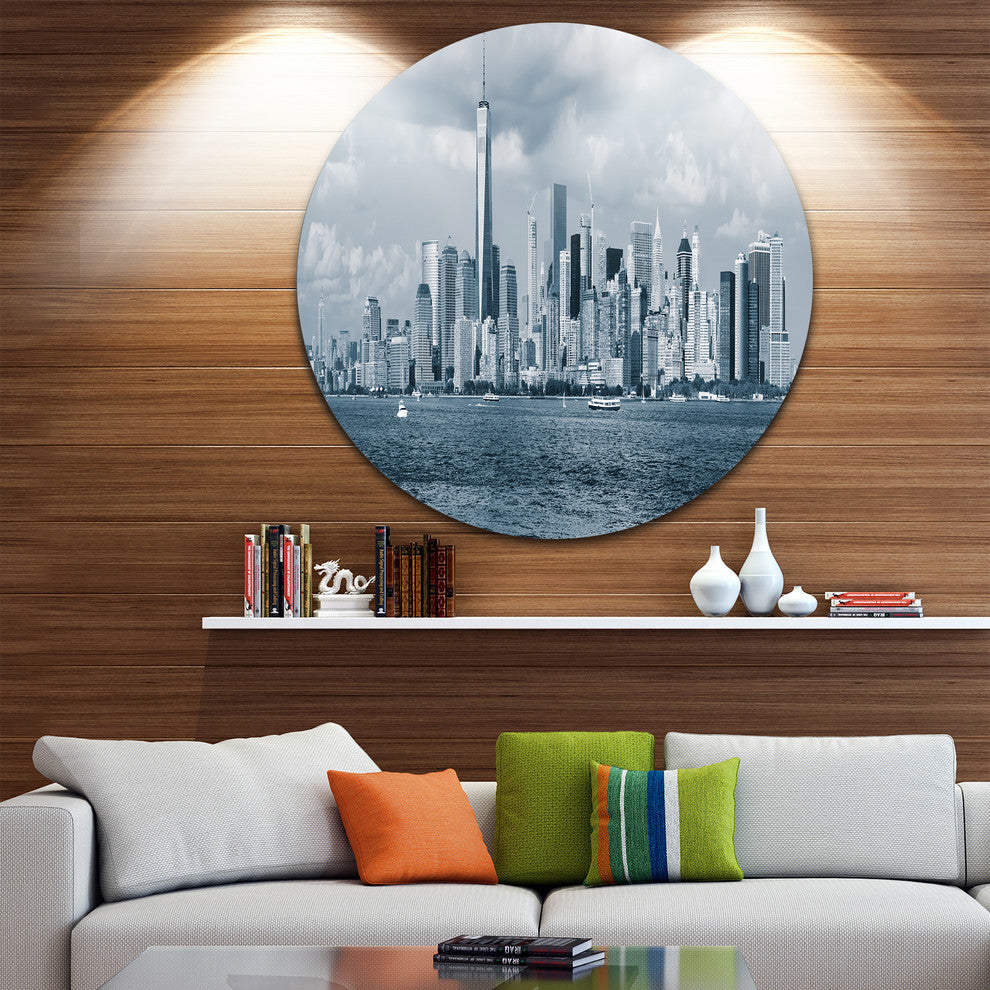 Lower Manhattan Panorama Black White, Cityscape Round Wall Art, 11"