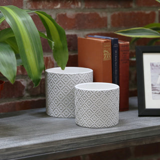2-Piece Decorative Pot Set With Painted Embossed Lattice Floral Design, White