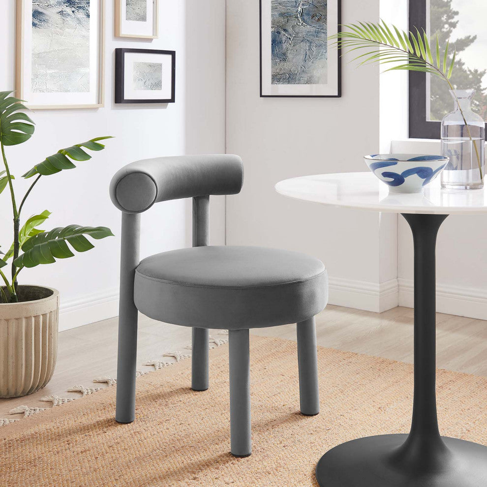 Toulouse Performance Velvet Dining Chair, Curved Round Bolster Side Chair, Grey