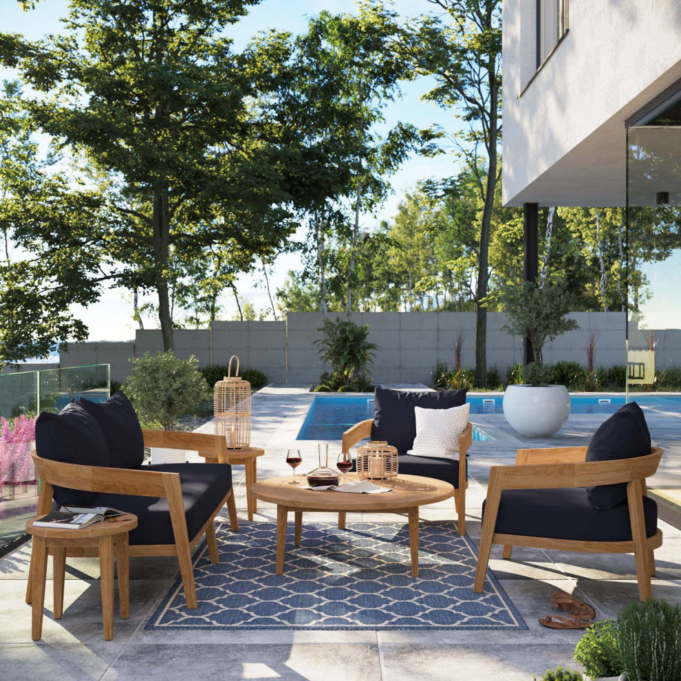 Sectional Sofa Chair Table Set, Blue Navy Natural, Teak Wood, Outdoor Patio