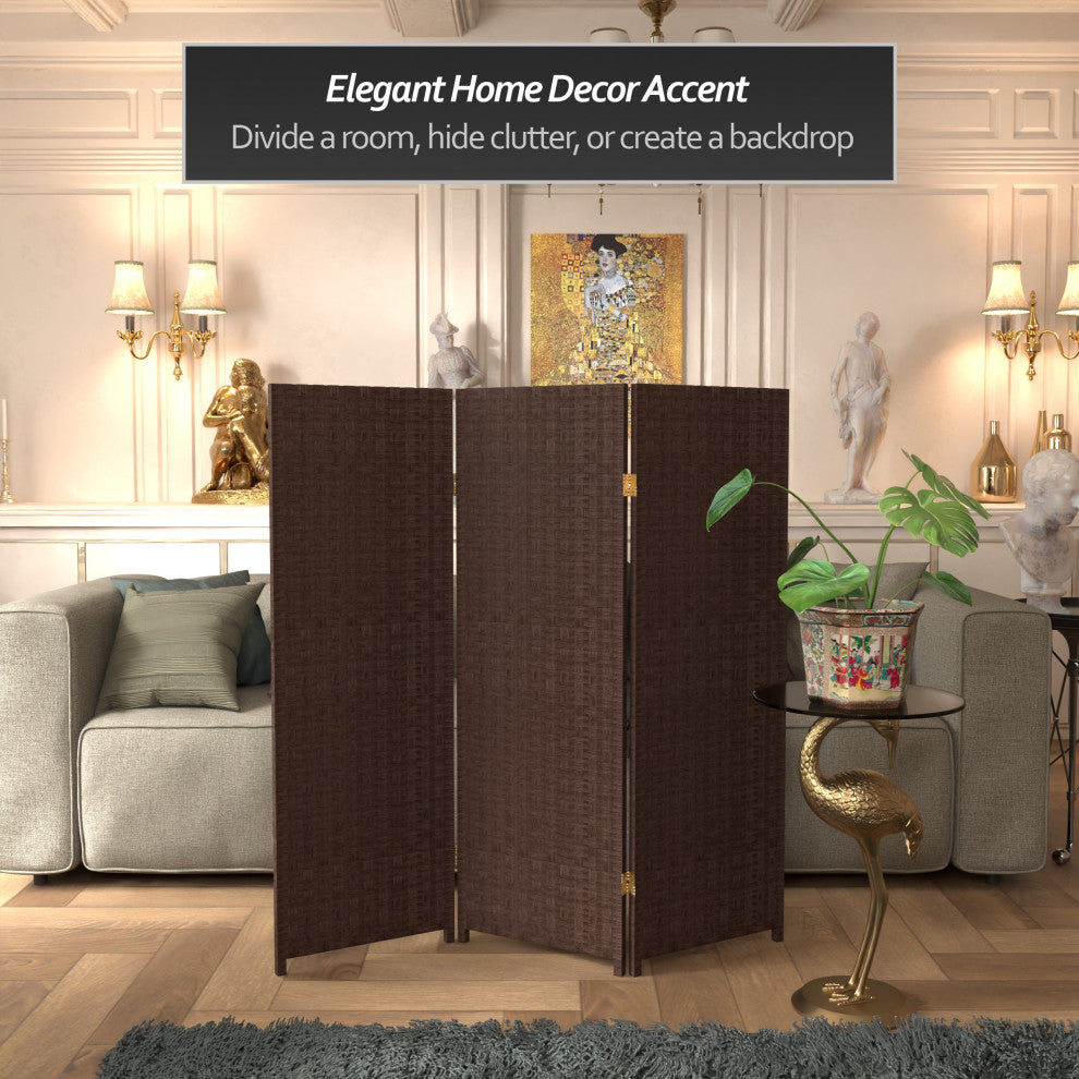 4' Tall Woven Fiber Room Divider, Dark Mocha, 3 Panel