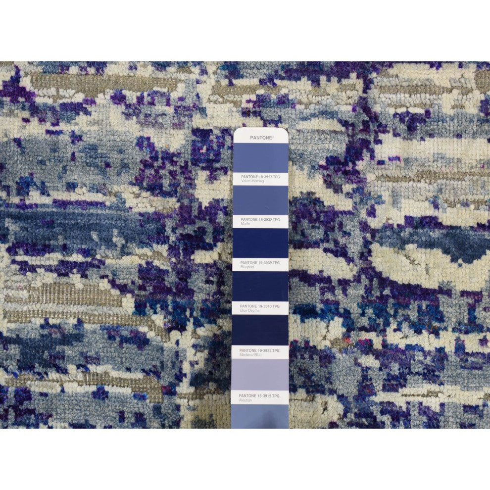 Indigo Color, Diminishing Bricks, Sari Silk, Hand Knotted, Rug, 10'2"x13'10"