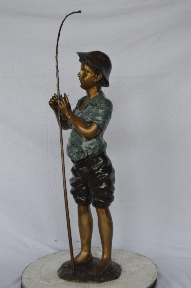 Boy with fishing rod  bronze statue -  Size: 11"L x 14"W x 44"H.