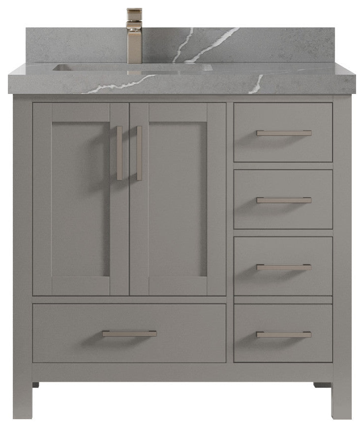 Malibu 36 Left Offset Bath Vanity in Elephant Skin Gray 2" Piatra Gray