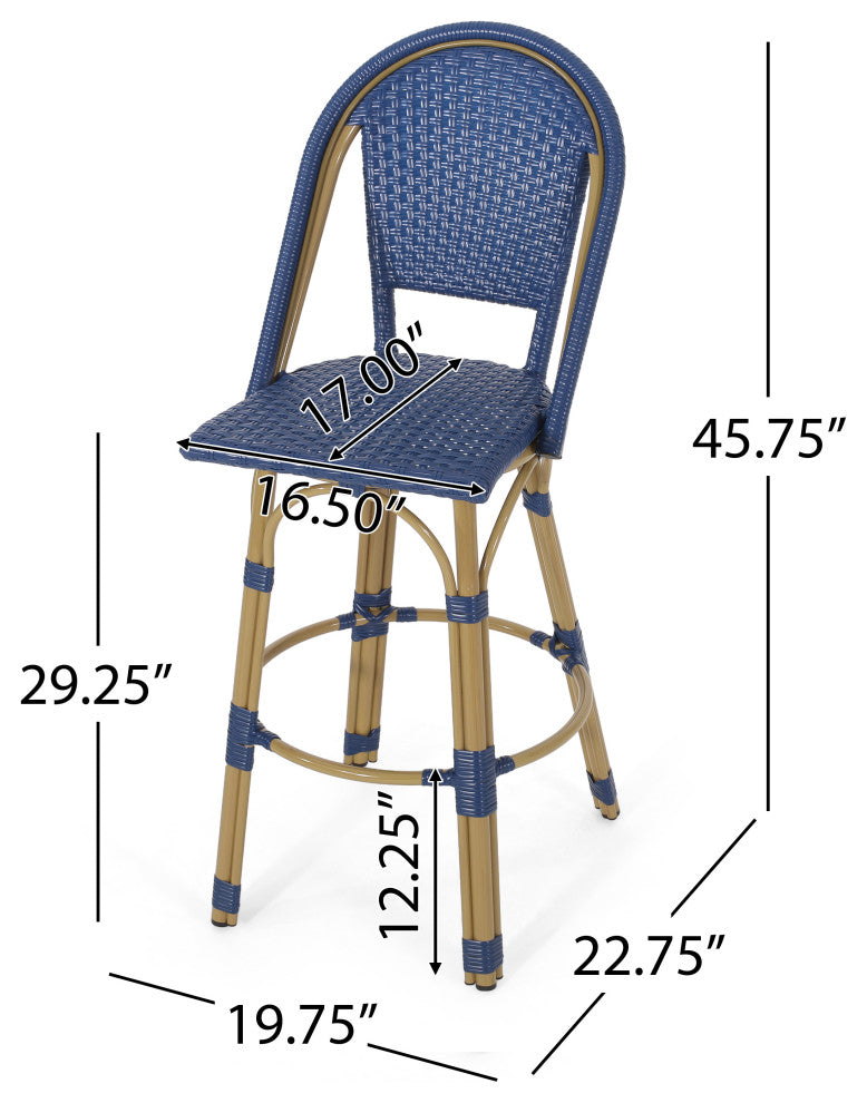 Cotterell Outdoor French Wicker and Aluminum 29.5" Barstools, Set of 4, Navy Blue/Bamboo Finish