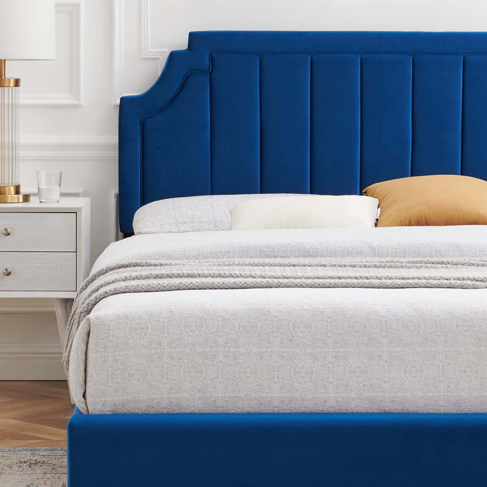 Platform Bed Frame, King Size, Velvet, Blue Navy, Modern Contemporary, Bedroom