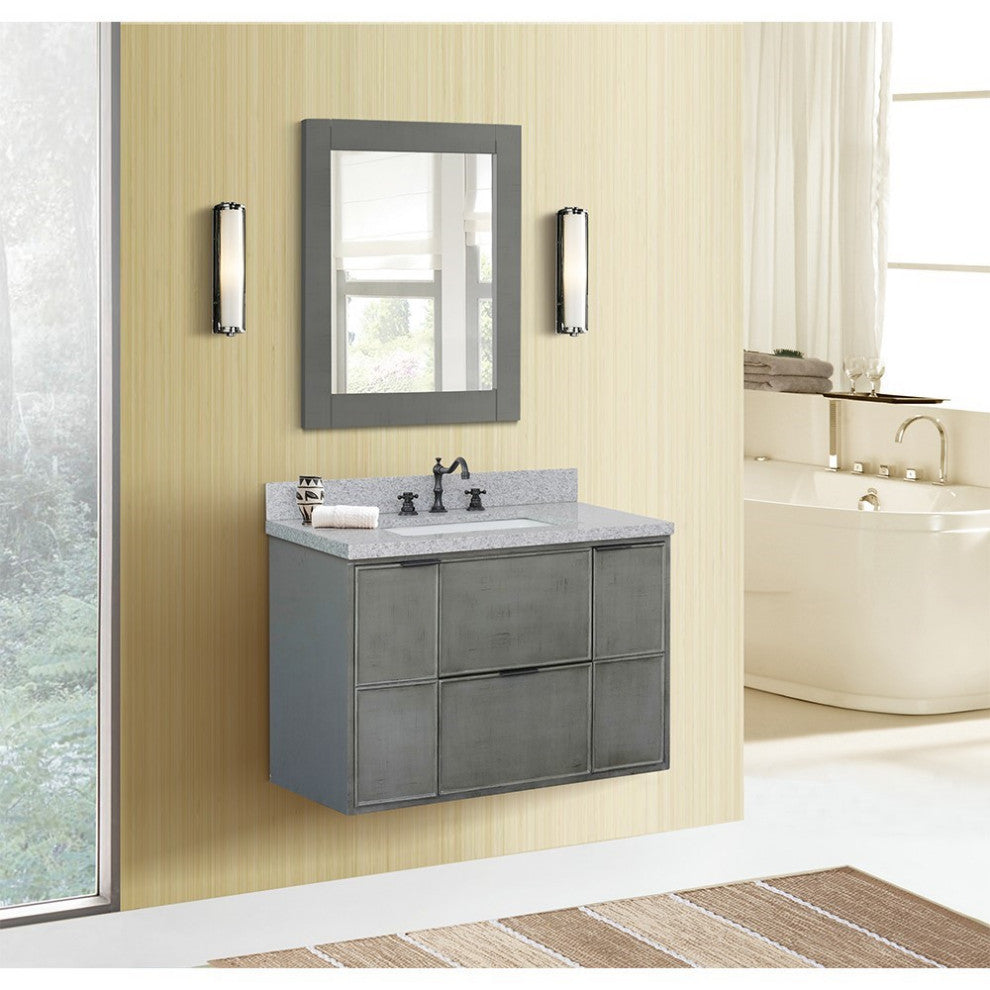 37" Single Wall Mount Vanity, Linen Gray Finish With Gray Granite Top