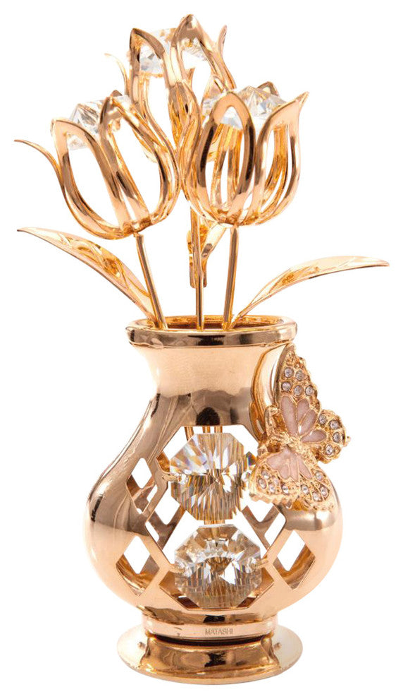 24K Gold Plated Crystal Flower Ornament in a Vase w/ Butterfly by Matashi