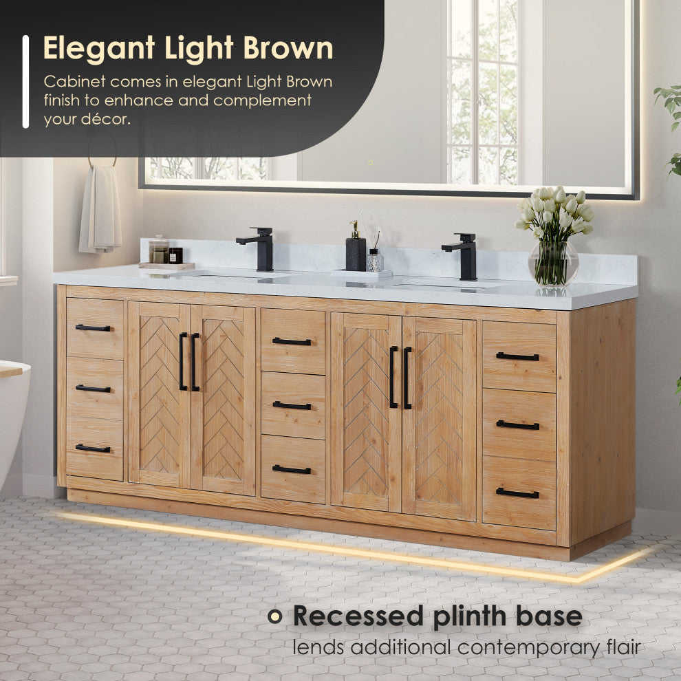 Anais Vanity Grain White Engineered Stone Countertop, Light Brown, 84", No Mirror