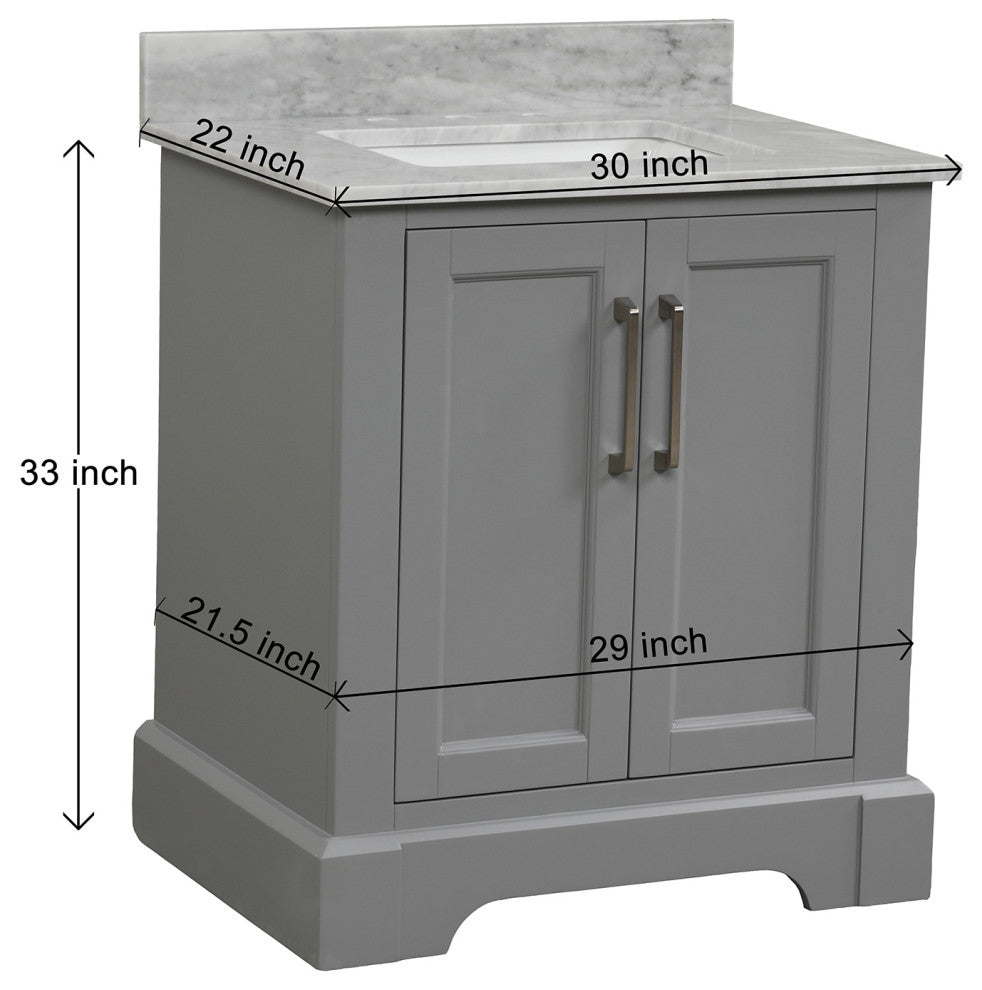 30" W x 22" D x 33" H Bath Vanity, Grey With Carrara White Marble