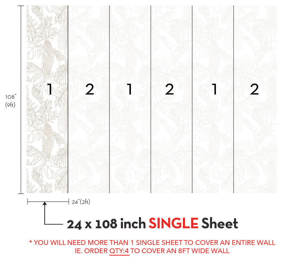 Hand Drawn Jungle Leaves Vinyl Peel and Stick Mural, Gray, 24"x108", Single