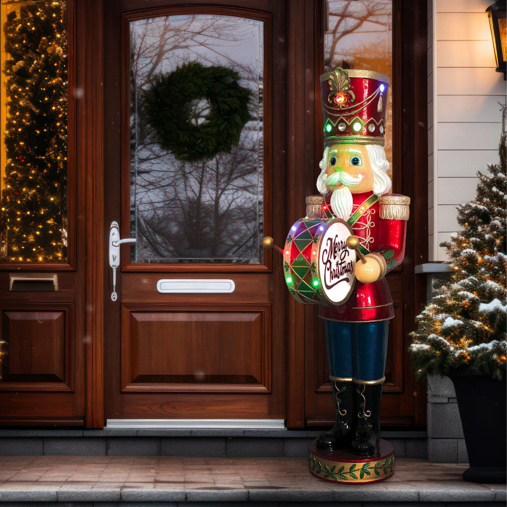 5' Nutcracker Playing Bass Drum With Moving Hands, Music, Timer, 15 LEDs