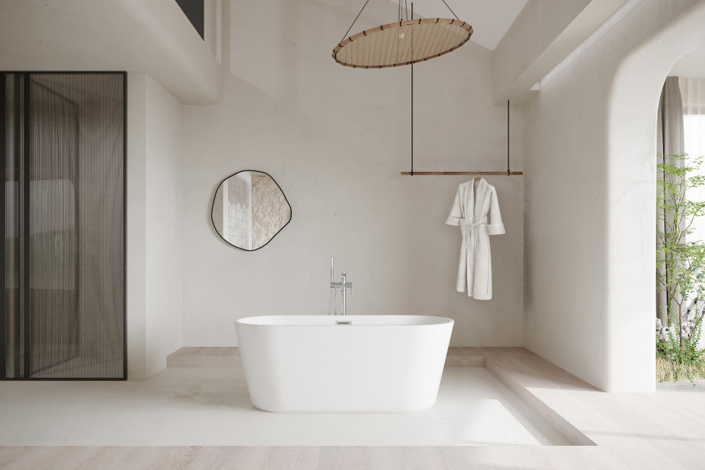 OWEN 59" Soaking Bathtub, Glossy White With Brushed Nickel Trim