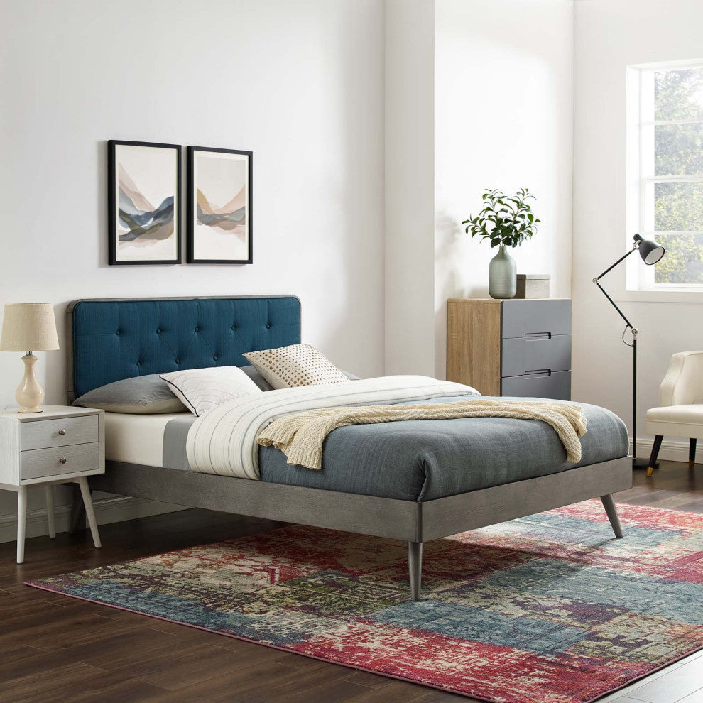 Platform Bed Frame, Twin Size, Wood, Grey Gray Navy Blue, Modern Contemporary