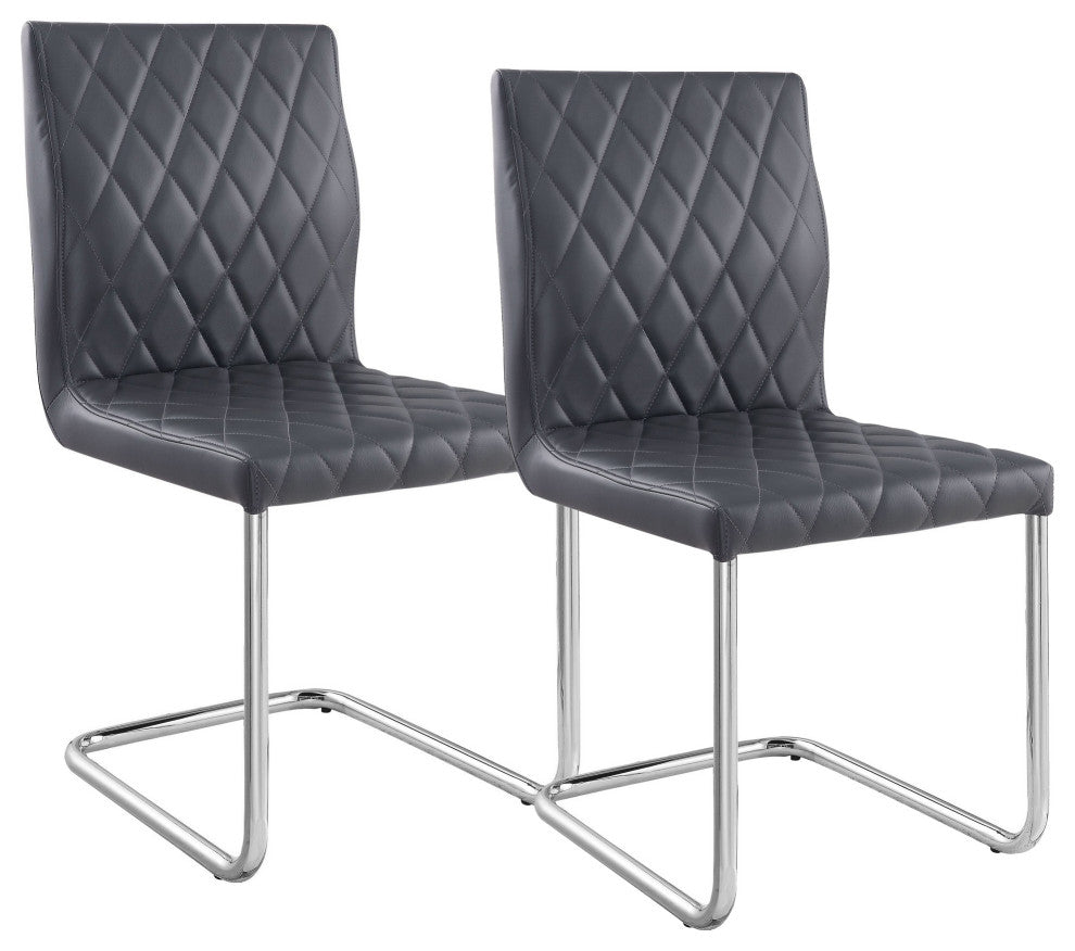 Benzara BM252367 S/2 Metal Side Chairs With Leather Seat & Back, Gray and Silver