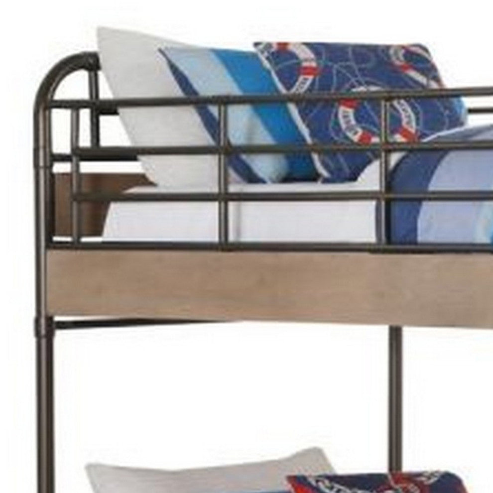 Benzara BM269015 Twin Over Twin Bunk Bed With Trundle & Guardrails, Rustic Brown