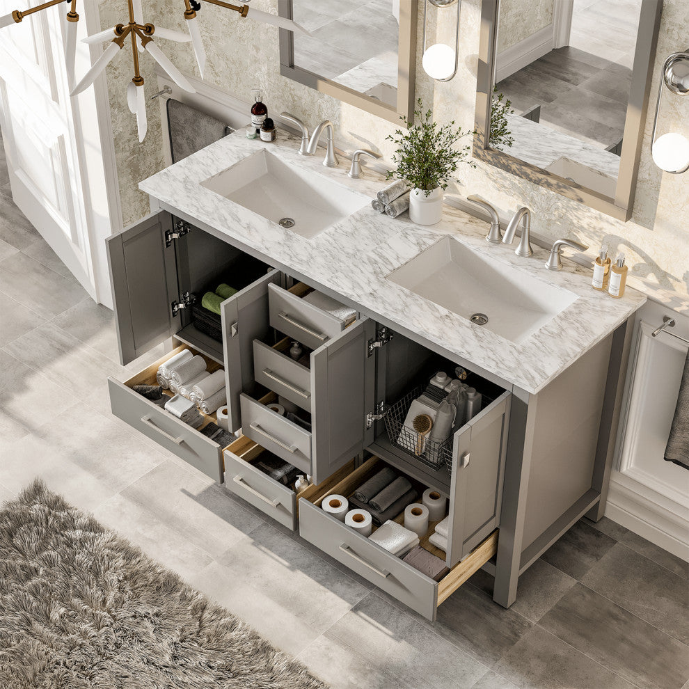 Eviva Aberdeen Gray Transitional Double Sink Vanity With White Carrara Top, 72"