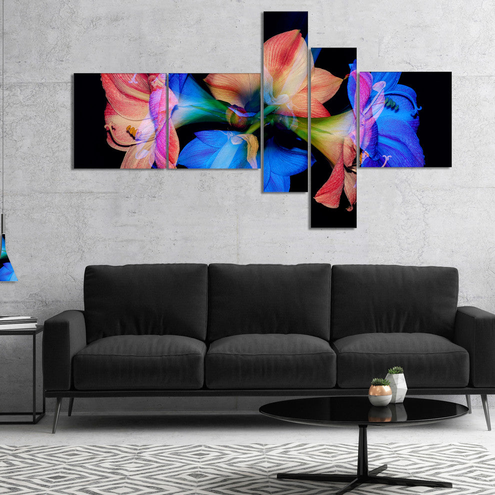Abstract Blue Red Flower on Black, Large Floral Wall Art, 60"x32", 5 panels