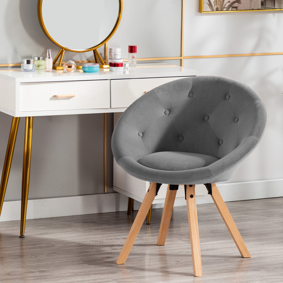 Button Tufting Splayed Wood Legs Accent Chair, Light Grey