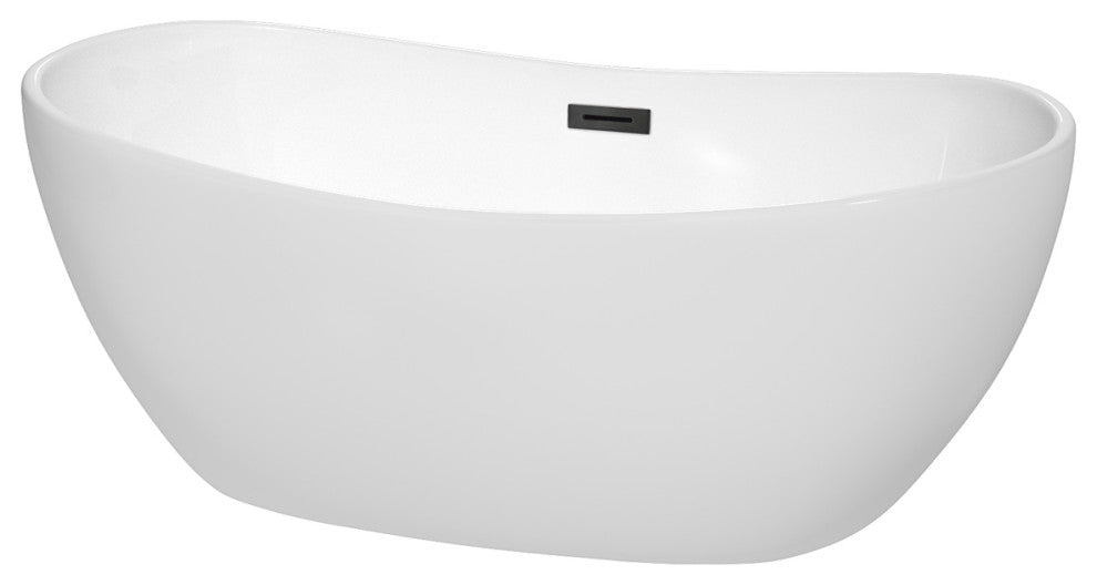 60" Freestanding Bathtub, White, Matte Black Drain and Overflow Trim