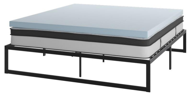 14" Metal Platform Bed Frame, 10" Pocket Spring Mattress & Memory Foam Topper, Black, Queen