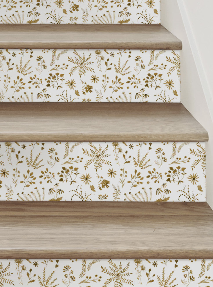 Plant Pattern Floral Peel and Stick Stair Riser Strips, Gold, 48"w X 6"h, 6 Pack