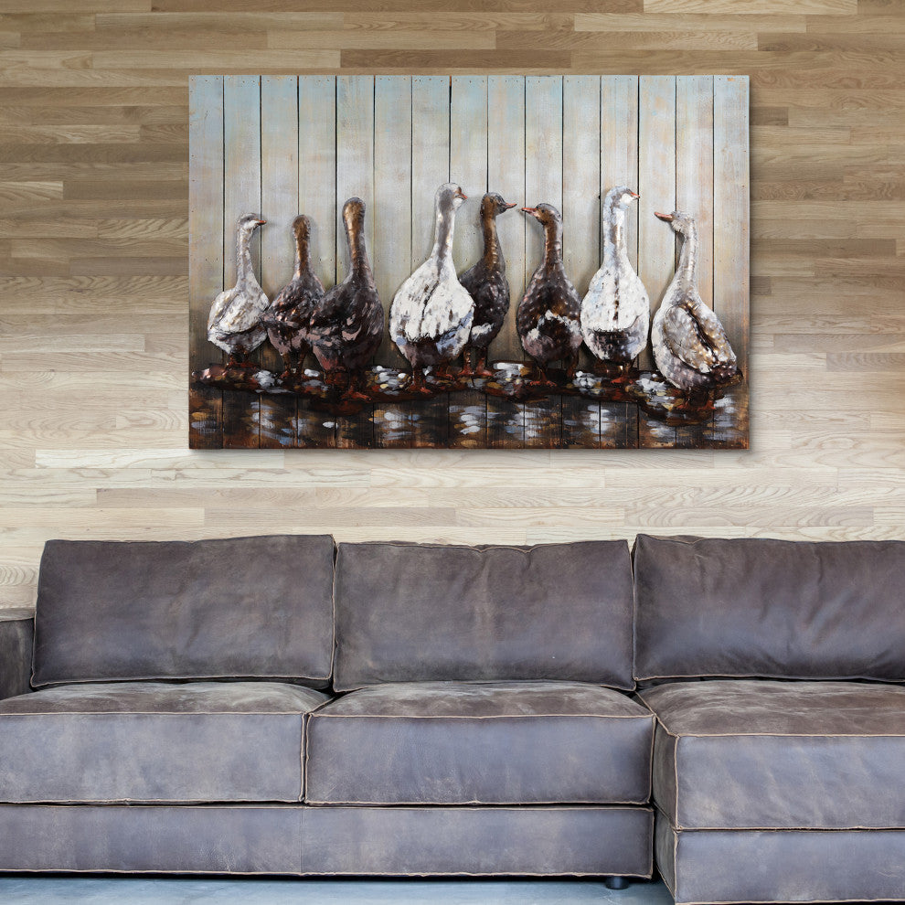 "Ducks" Handed Painted Iron Wall Sculpture on Wooden Wall Art