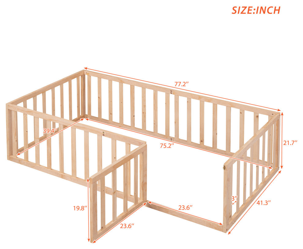 TATEUS Stylish and Versatile Floor Bed for Kids"™Bedroom Fences, Natural, Twin