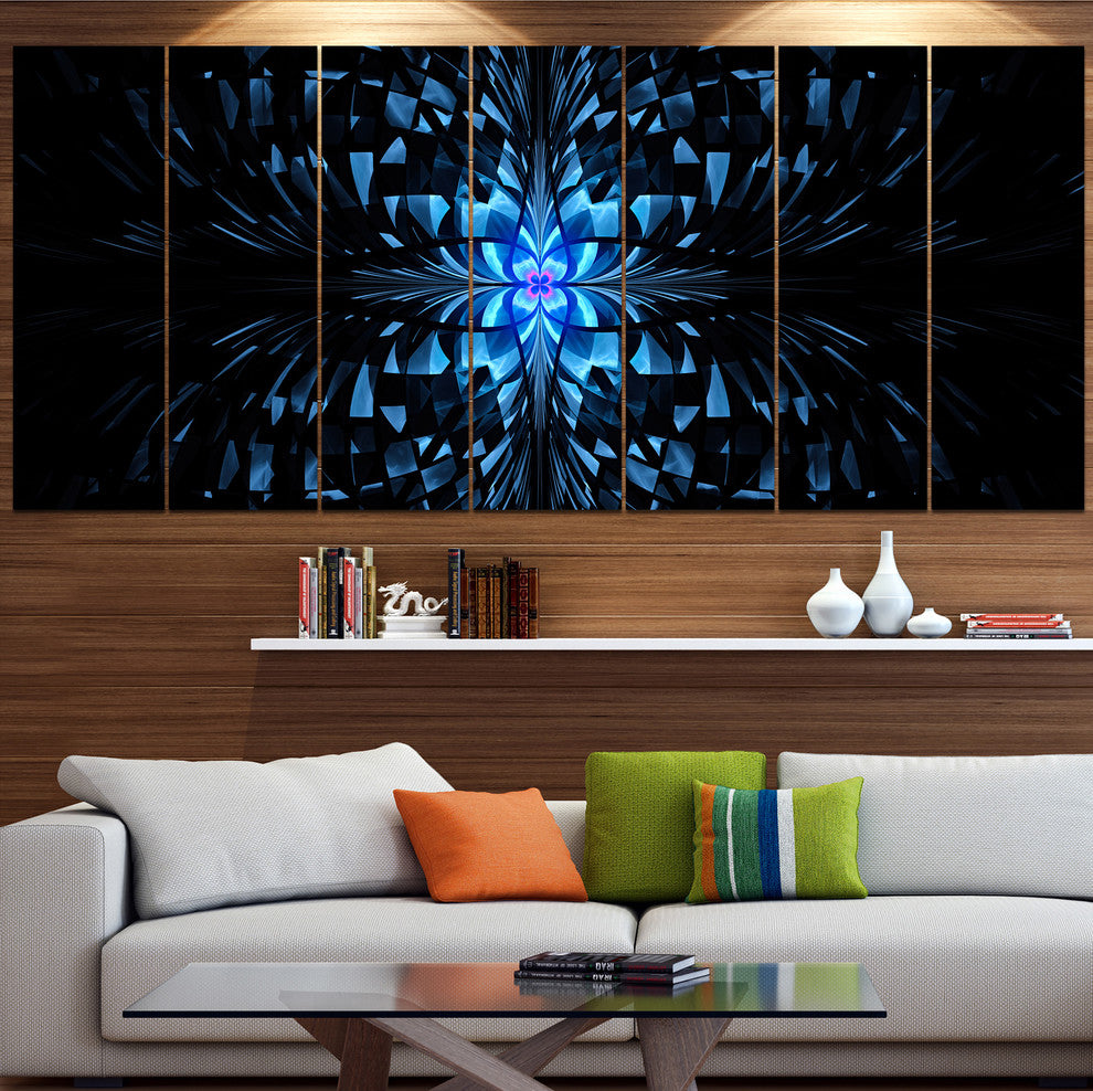 Blue Butterfly Pattern on Black, Abstract Art on Canvas, 83"x32", 7 Panels