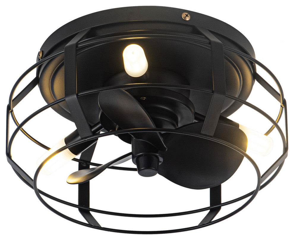 12 in Black Flush Mount Caged DC Motor Ceiling Fan with Light Kit and Remote