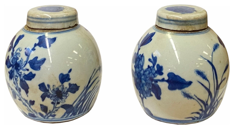 Pair Blue White Mini Oriental Flowers Graphic Porcelain Ginger Jars Hws1874
