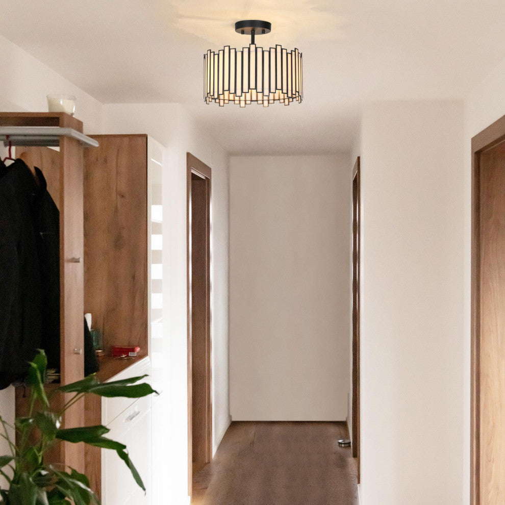 LNC 3-Light Tiffany Glass LED Semi-Flush Mount Light, Matte Black