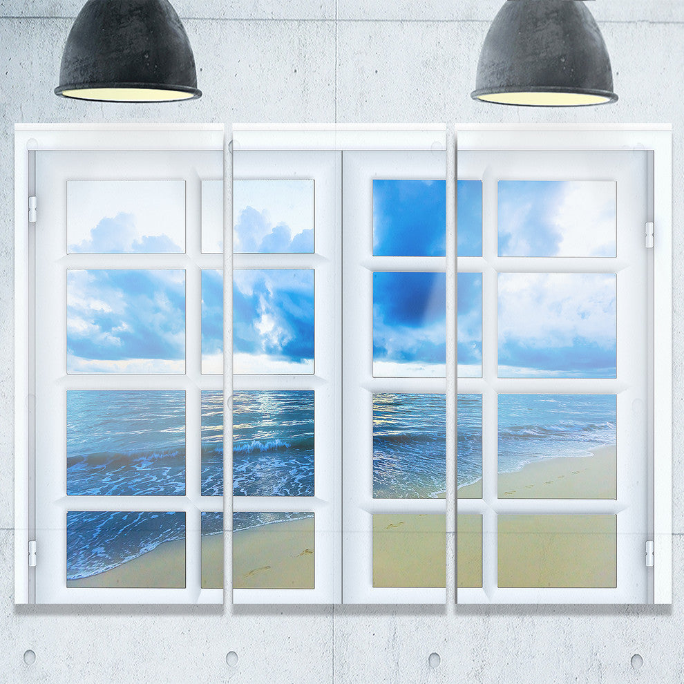 "Closed Window to Blue Seascape" Oversized Metal Wall Art, 3 Panels, 36"x28"