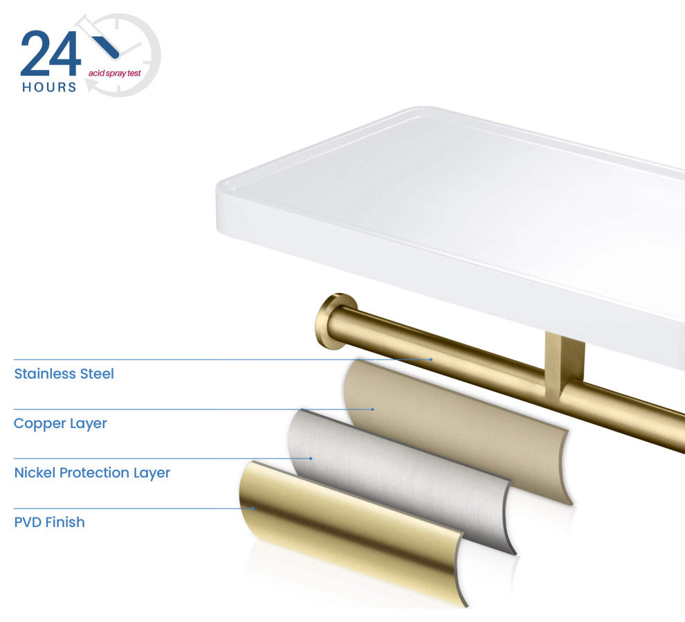 Deco Bathroom Toilet Paper Holder Double Roll With Shelf, Brushed Gold