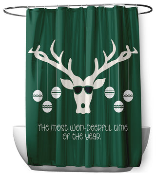 70"Wx73"L Cool Christmas Deer Shower Curtain, Forest Green